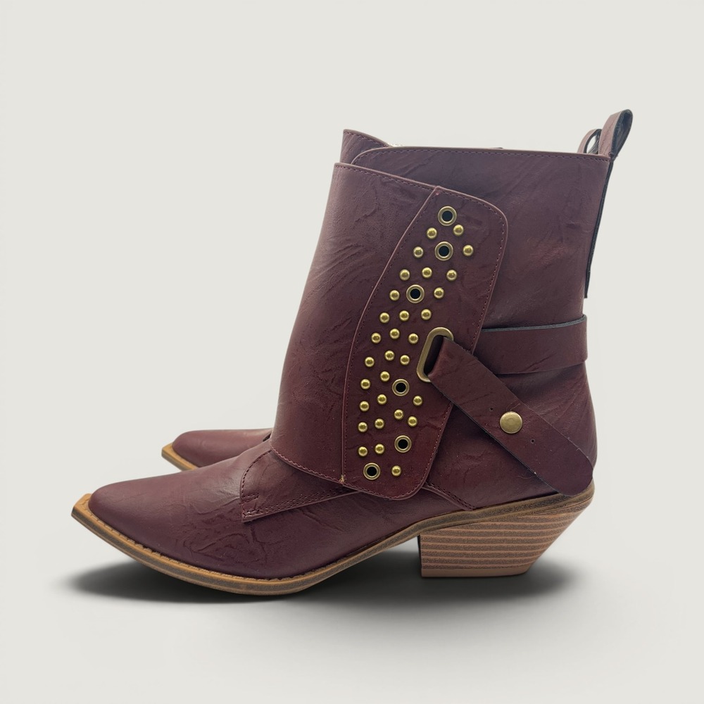 Bellini Shindig Burgundy Studded Western Ankle Boots Pointed Toe Size 7M